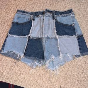 blue patchwork jean shorts